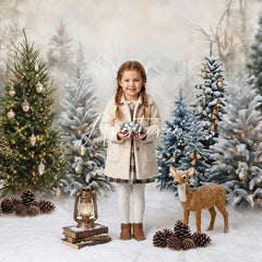 Aperturee - Aperturee Snowy Winter Forest Christmas Trees Combo Set Backdrop Golden Lights Holiday Party Decor