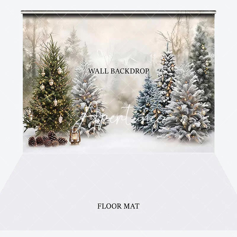 Aperturee - Aperturee Snowy Winter Forest Christmas Trees Combo Set Backdrop Golden Lights Holiday Party Decor