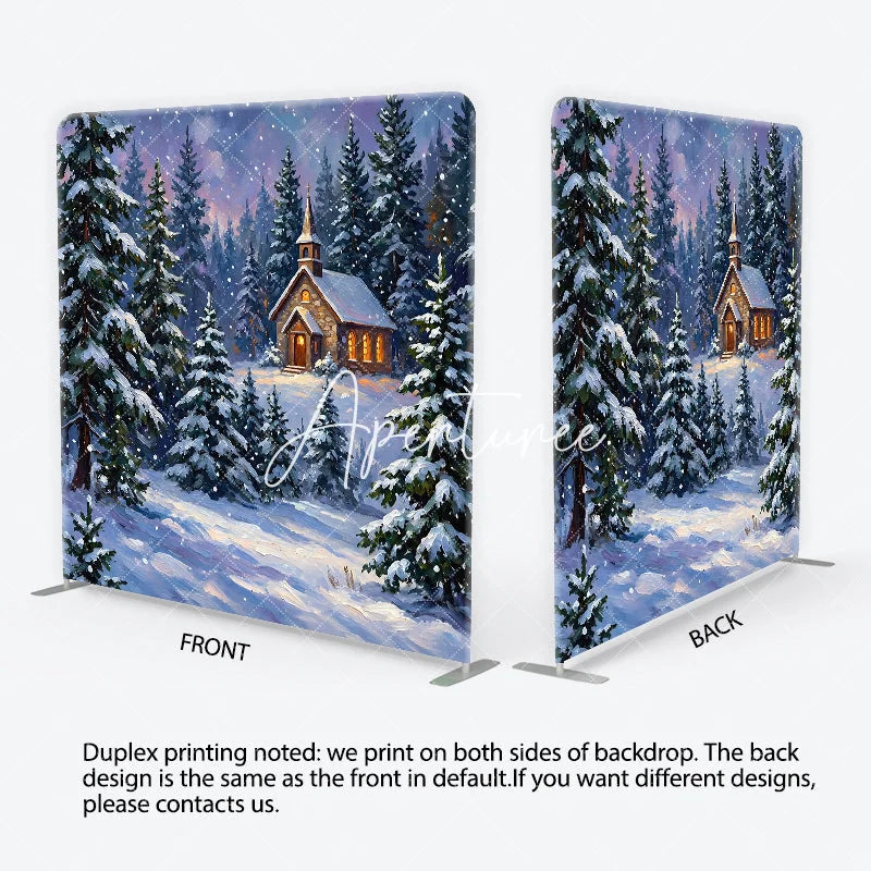 Aperturee - Aperturee Snowy Winter Forest Church Square Double-Sided Backdrop Picturesque Christmas Holiday Pine Tree Scene Decor