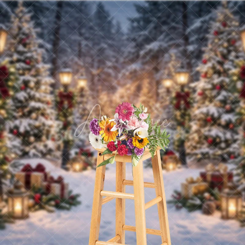 Aperturee - Aperturee Snowy Winter Forest Holiday Backdrop Enchanting Christmas Trees with Lights Vintage Street Lamps and Festive Gifts