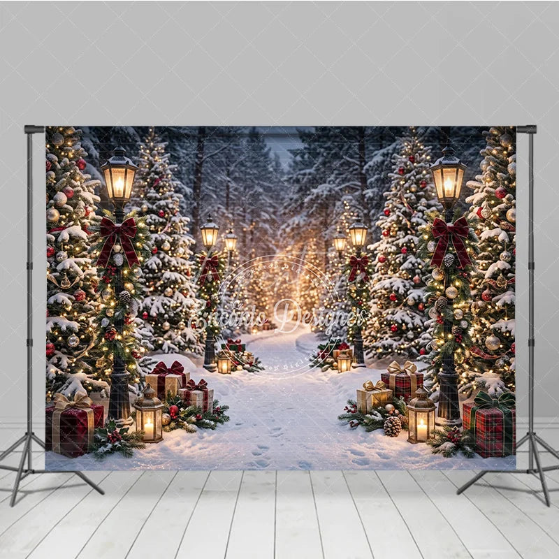 Aperturee - Aperturee Snowy Winter Forest Holiday Backdrop Enchanting Christmas Trees with Lights Vintage Street Lamps and Festive Gifts