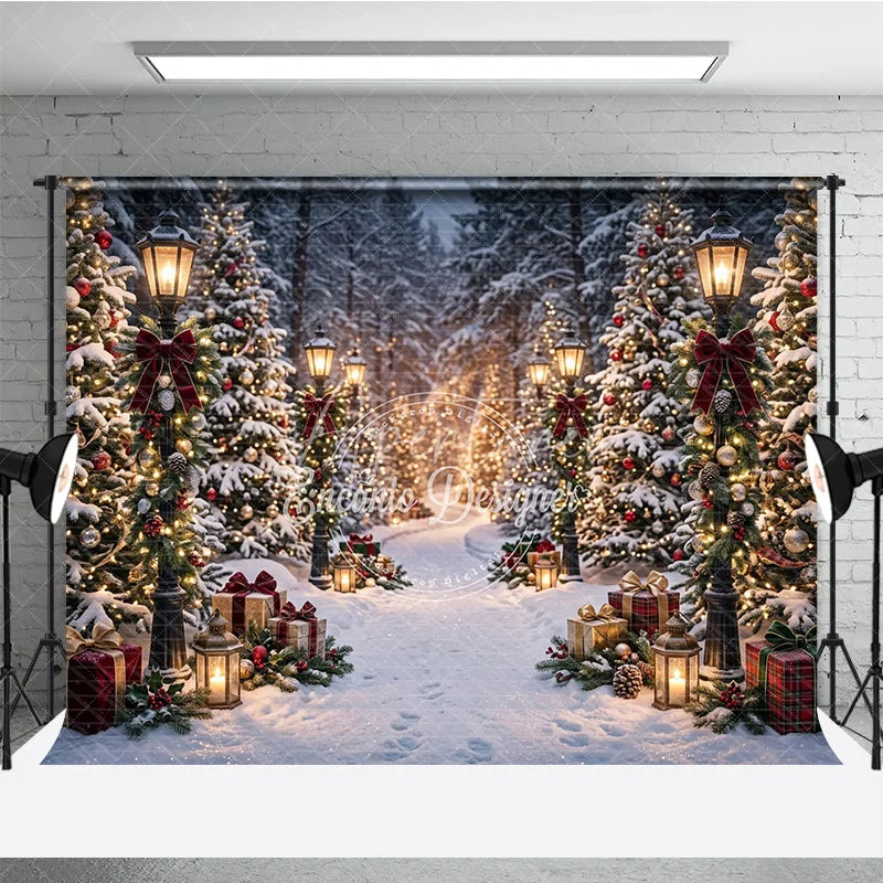 Aperturee - Aperturee Snowy Winter Forest Holiday Backdrop Enchanting Christmas Trees with Lights Vintage Street Lamps and Festive Gifts