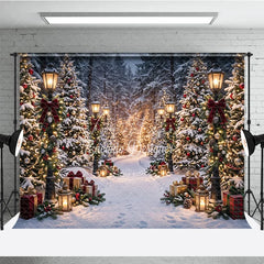 Aperturee - Aperturee Snowy Winter Forest Holiday Backdrop Enchanting Christmas Trees with Lights Vintage Street Lamps and Festive Gifts