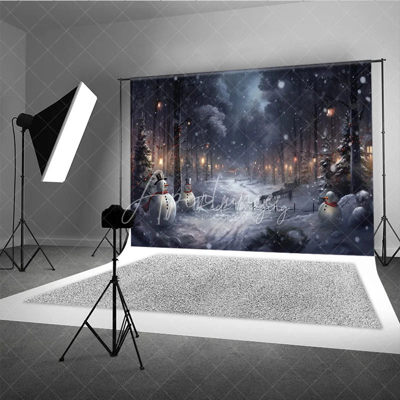 Aperturee - Aperturee Snowy Winter Night Photography Backdrop with Snowmen Magical Forest with Lanterns Christmas Photo Background