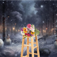 Aperturee - Aperturee Snowy Winter Night Photography Backdrop with Snowmen Magical Forest with Lanterns Christmas Photo Background