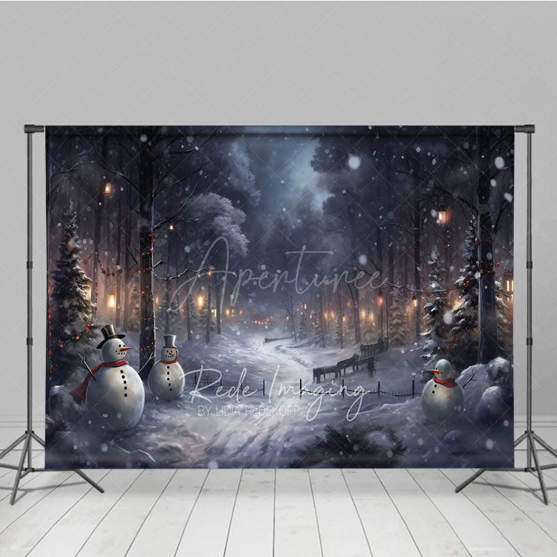 Aperturee - Aperturee Snowy Winter Night Photography Backdrop with Snowmen Magical Forest with Lanterns Christmas Photo Background