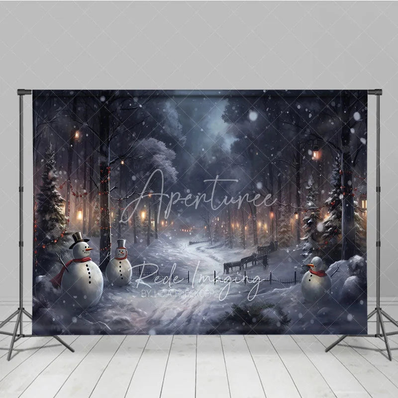 Aperturee - Aperturee Snowy Winter Night Photography Backdrop with Snowmen Magical Forest with Lanterns Christmas Photo Background