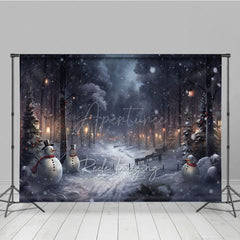 Aperturee - Aperturee Snowy Winter Night Photography Backdrop with Snowmen Magical Forest with Lanterns Christmas Photo Background