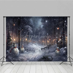Aperturee - Aperturee Snowy Winter Night Photography Backdrop with Snowmen Magical Forest with Lanterns Christmas Photo Background