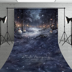 Aperturee - Aperturee Snowy Winter Night with Snowmen Sweep Backdrop Magical Forest with Lanterns Christmas Photo Floor Drop