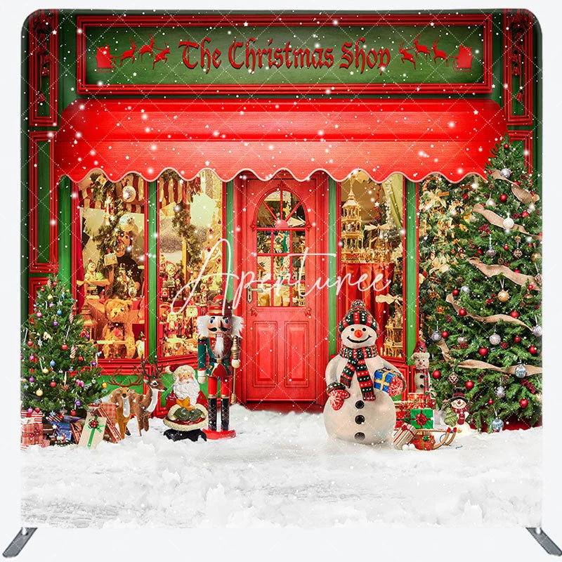 Aperturee - Aperturee Snowy Winter Red Christmas Shop Pillow Case Backdrop