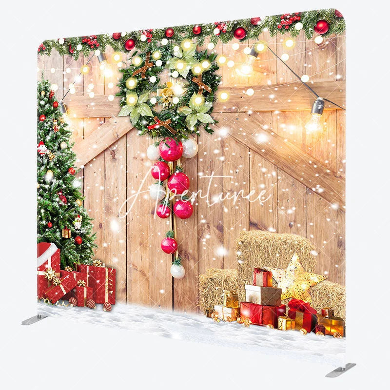 Aperturee - Aperturee Snowy Wood Barn Door Christmas Pillow Case Backdrop