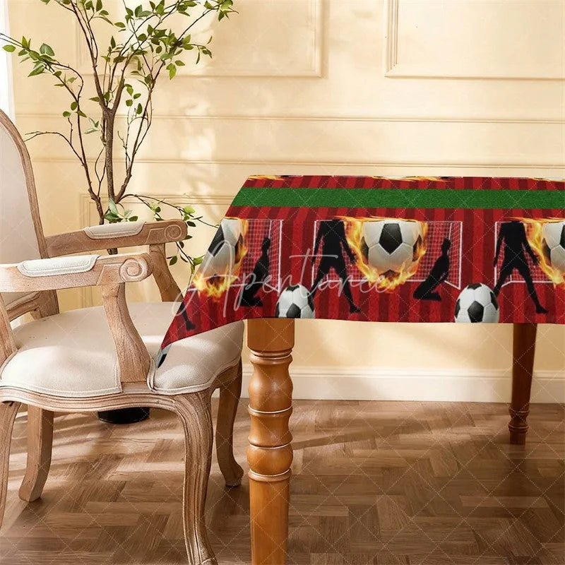 Aperturee - Aperturee Soccer Field Flaming Ball Rectangle Tablecloth Green Grass Boys Birthday Party Table Cover