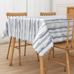 Aperturee - Aperturee Soft Blue and White Wavy Stripe Rectangle Tablecloth for Coastal and Nautical Themed Dining Decor