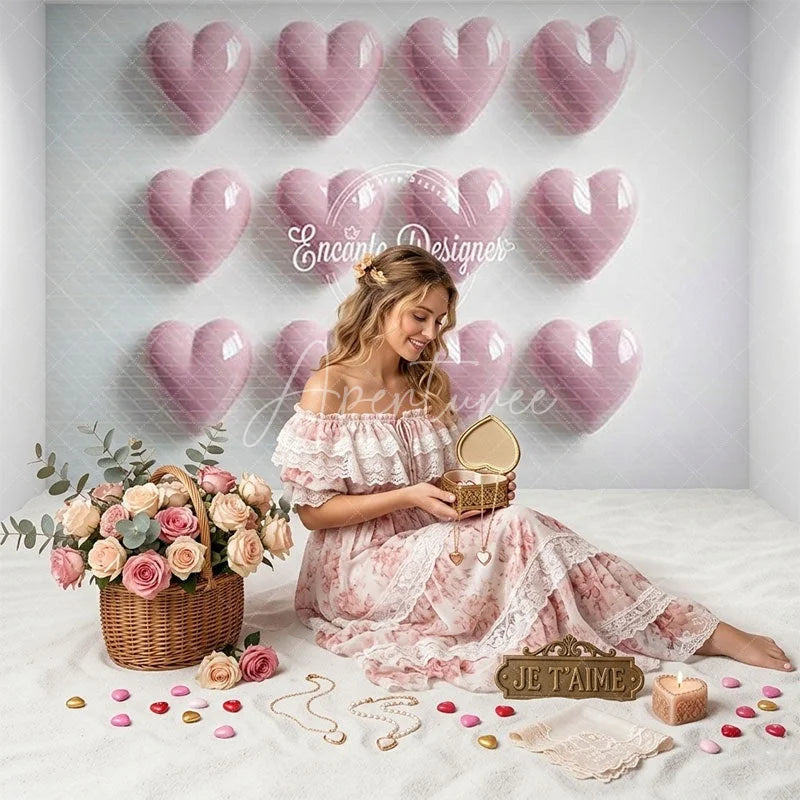 Aperturee - Aperturee Soft Pink 3D Hearts Grid Pattern Combo Set Backdrop Romantic Valentine’s Day Decor