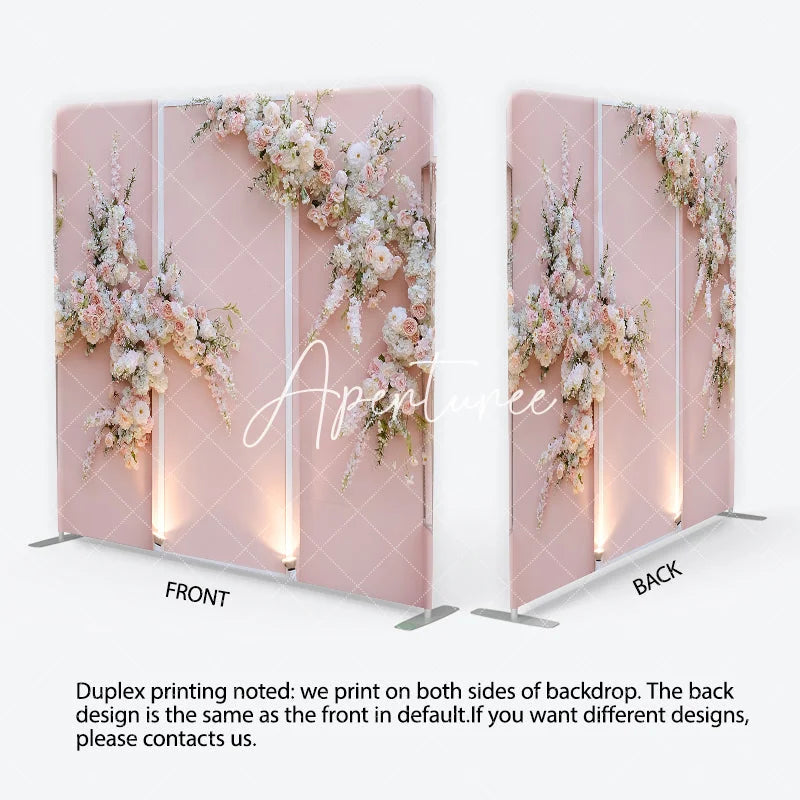 Aperturee - Aperturee Soft Pink Floral Arch Square Double-Sided Backdrop with White and Blush Flowers Elegant Wedding Decor