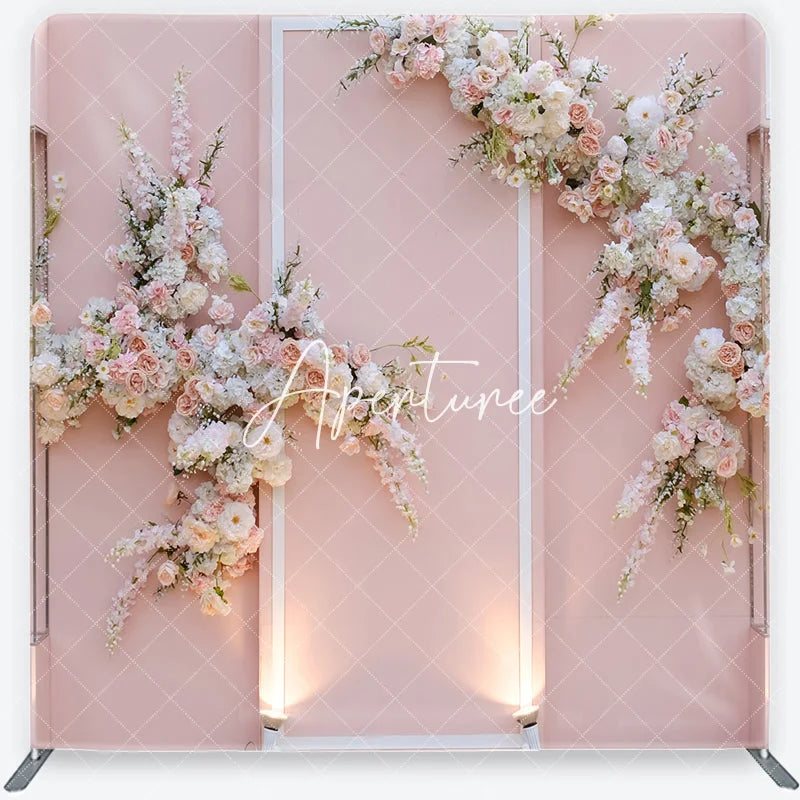 Aperturee - Aperturee Soft Pink Floral Arch Square Double-Sided Backdrop with White and Blush Flowers Elegant Wedding Decor