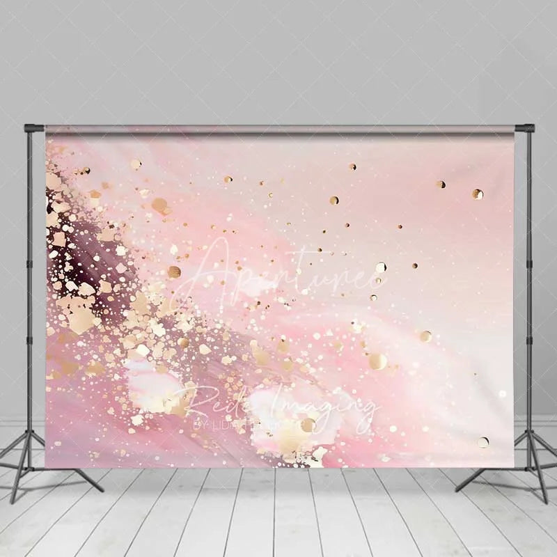 Aperturee - Aperturee Soft Pink Fluid Waves and Gold Confetti Backdrop Abstract Photography Background Elegant Party Decor