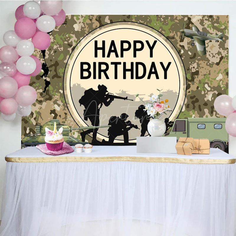 Aperturee - Aperturee Soldier Tank Aircraft Training Happy Birthday Backdrop