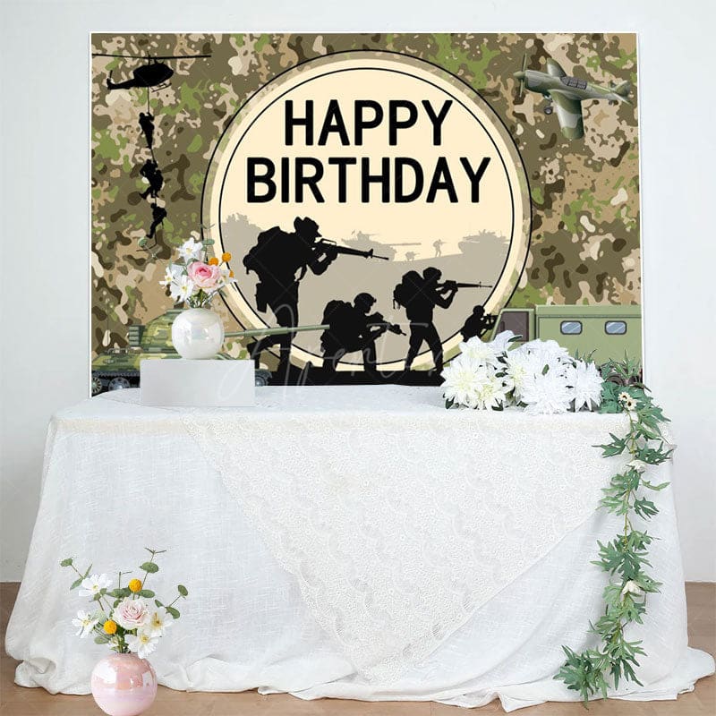 Aperturee - Aperturee Soldier Tank Aircraft Training Happy Birthday Backdrop