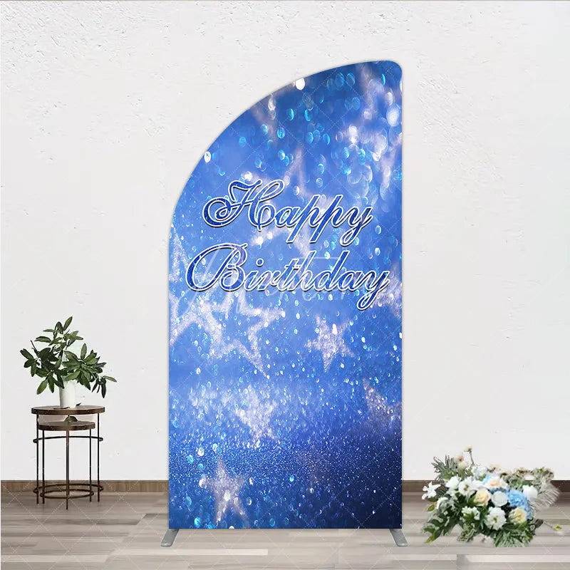 Aperturee - Aperturee Sparkling Blue Glitter Bokeh Stars Happy Birthday Half Moon Arch Backdrop Festive Party Decoration