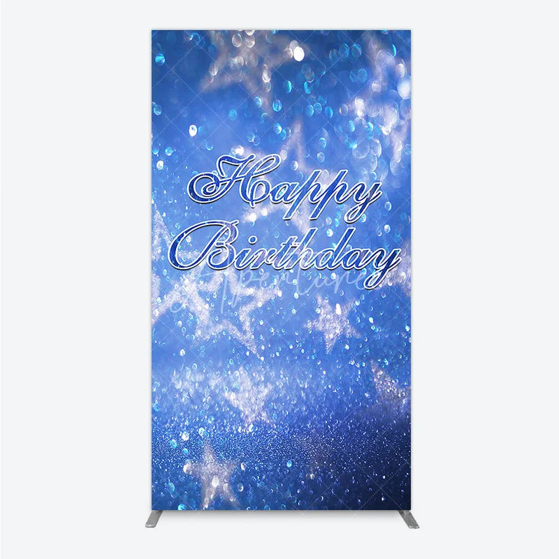 Aperturee - Aperturee Sparkling Blue Glitter Bokeh Stars Happy Birthday Rectangle Arch Backdrop Elegant Party Decoration