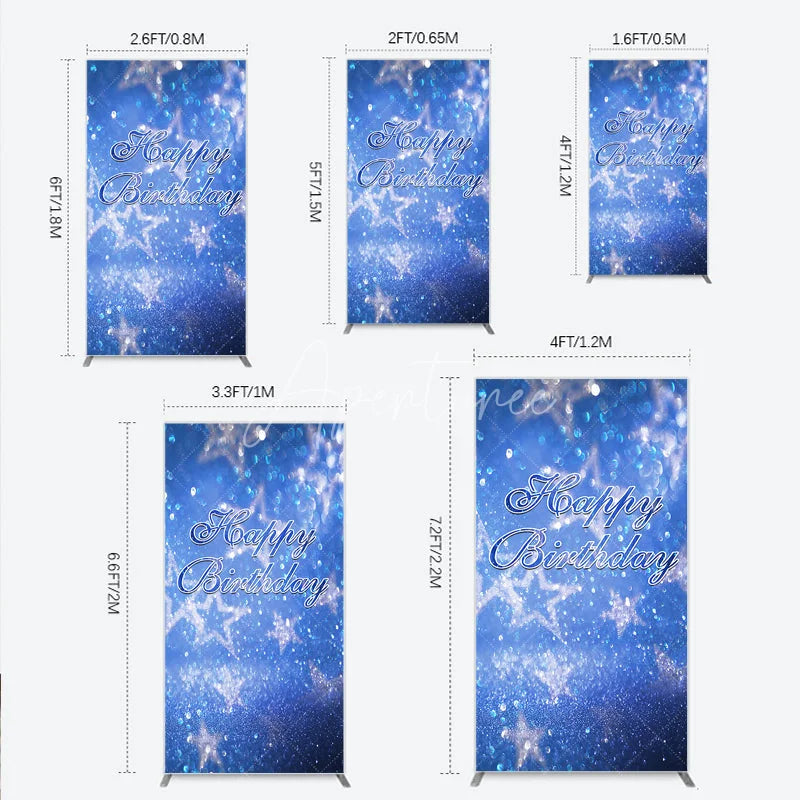 Aperturee - Aperturee Sparkling Blue Glitter Bokeh Stars Happy Birthday Rectangle Arch Backdrop Elegant Party Decoration