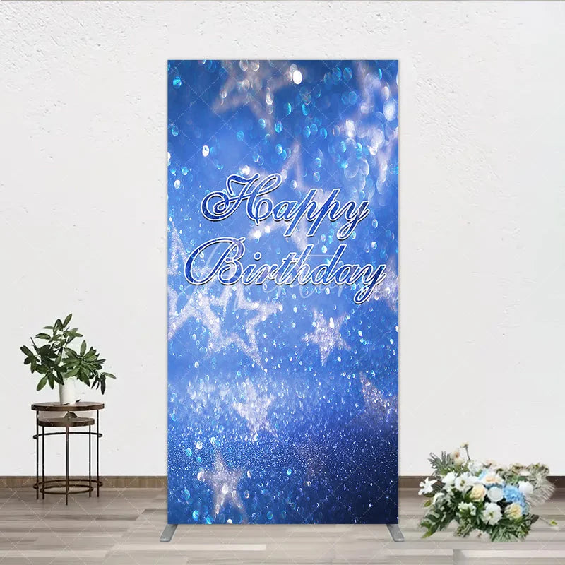 Aperturee - Aperturee Sparkling Blue Glitter Bokeh Stars Happy Birthday Rectangle Arch Backdrop Elegant Party Decoration