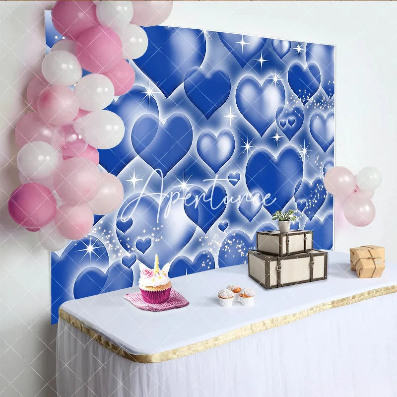 Aperturee - Aperturee Sparkling Blue Hearts Pattern Y2K Birthday Backdrop with Glowing Outlines and Glitter Dreamy Party Decor