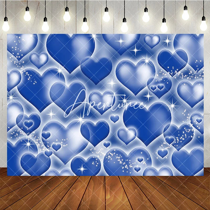 Aperturee - Aperturee Sparkling Blue Hearts Pattern Y2K Birthday Backdrop with Glowing Outlines and Glitter Dreamy Party Decor