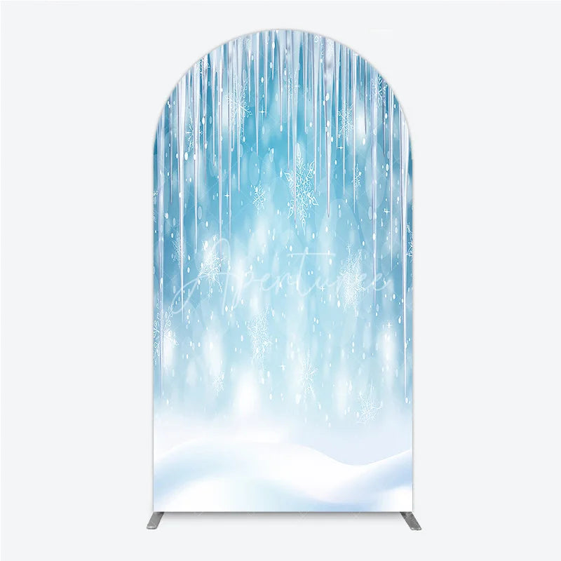 Aperturee - Aperturee Sparkling Blue Winter Wonderland Round Top Arch Backdrop with Icicles and Snowflakes Holiday Party Decor