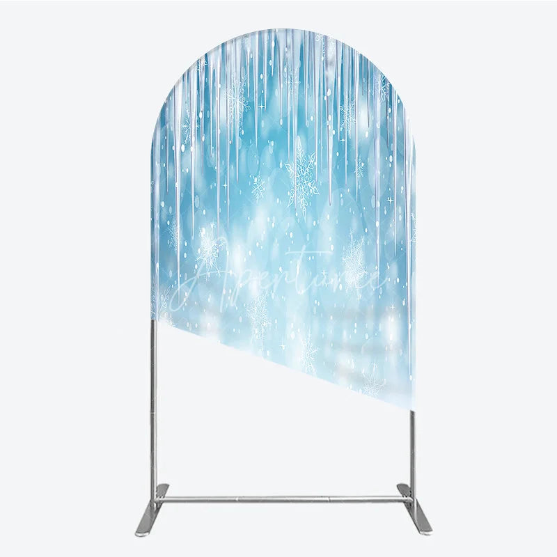 Aperturee - Aperturee Sparkling Blue Winter Wonderland Round Top Arch Backdrop with Icicles and Snowflakes Holiday Party Decor