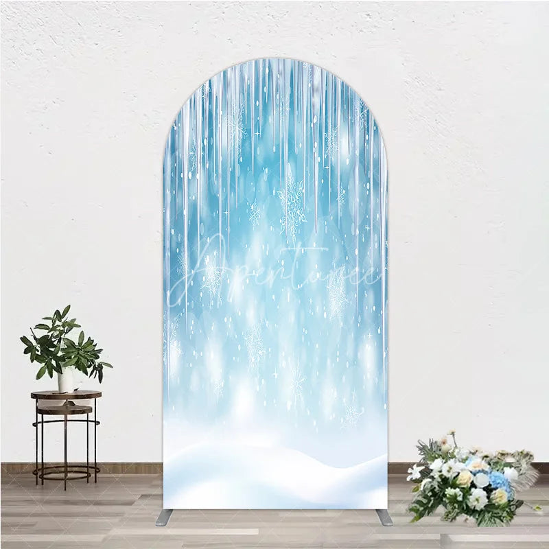 Aperturee - Aperturee Sparkling Blue Winter Wonderland Round Top Arch Backdrop with Icicles and Snowflakes Holiday Party Decor