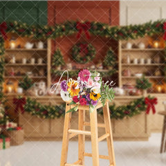 Aperturee - Aperturee Sparkling Christmas Tree with Golden Stars and Red Bow Garlands Holiday Backdrop Cozy Winter Celebration Decor