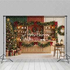 Aperturee - Aperturee Sparkling Christmas Tree with Golden Stars and Red Bow Garlands Holiday Backdrop Cozy Winter Celebration Decor
