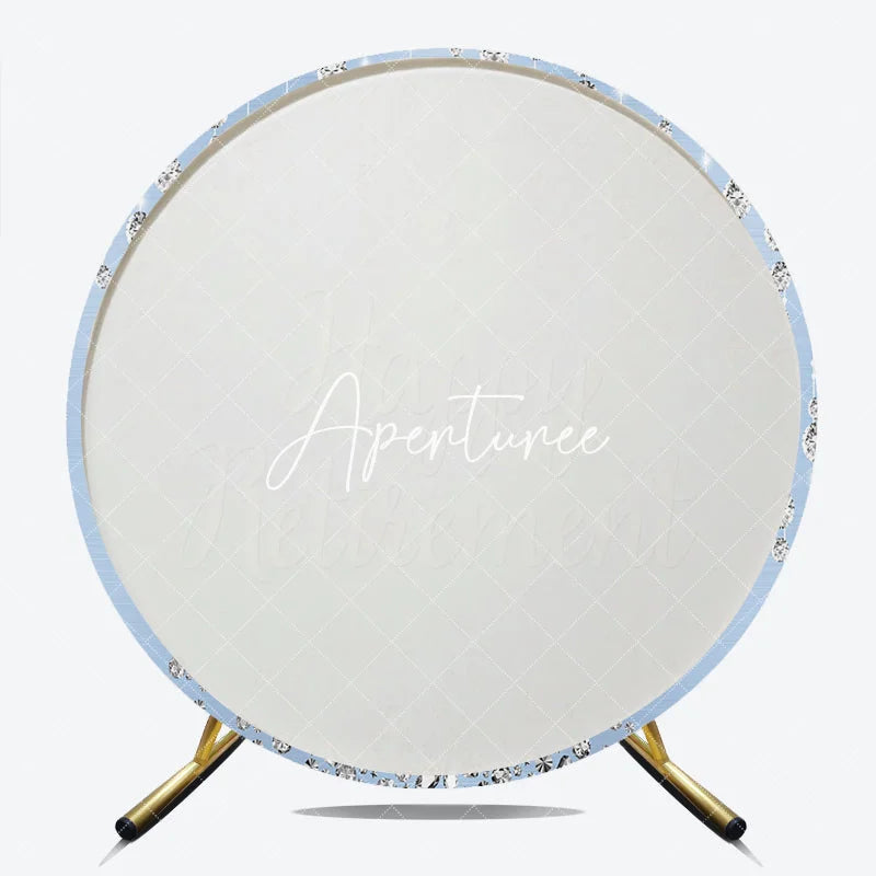 Aperturee - Aperturee Sparkling Diamond Light Blue Happy Retirement Round Backdrop Elegant Celebration Party Decor for Adults.