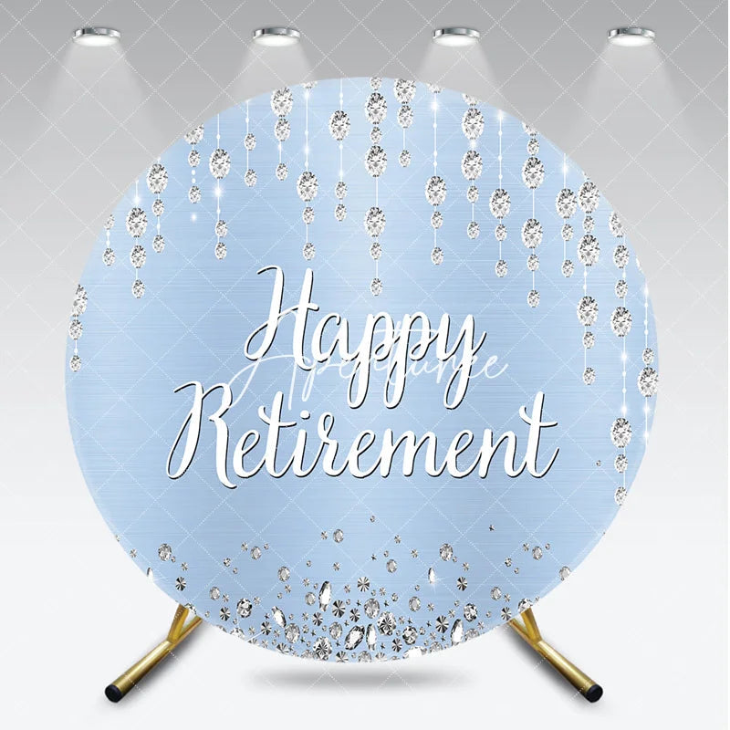 Aperturee - Aperturee Sparkling Diamond Light Blue Happy Retirement Round Backdrop Elegant Celebration Party Decor for Adults.