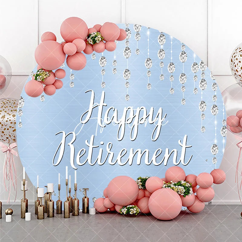 Aperturee - Aperturee Sparkling Diamond Light Blue Happy Retirement Round Backdrop Elegant Celebration Party Decor for Adults.