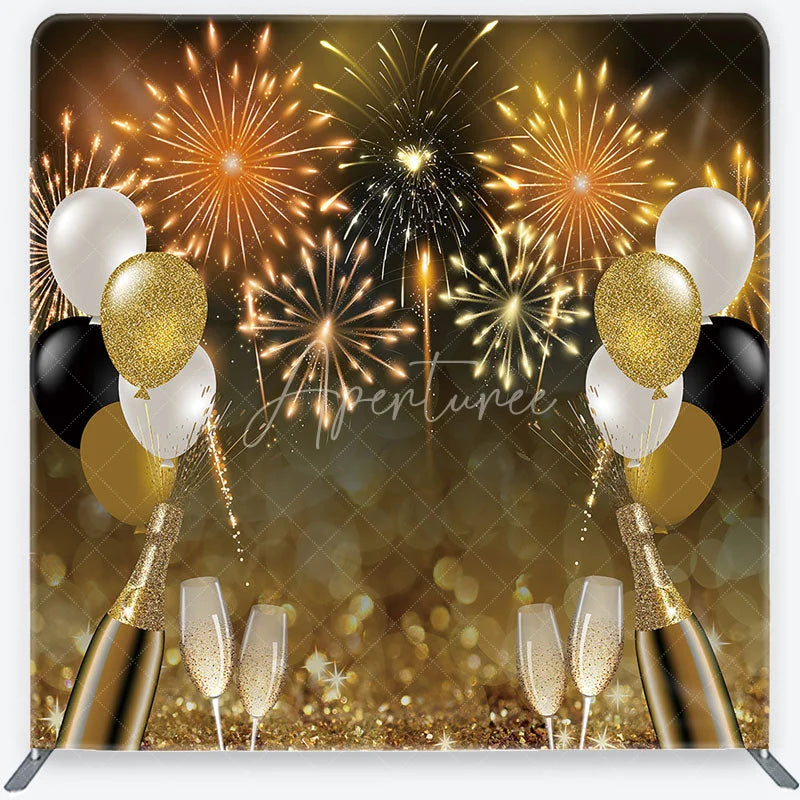 Aperturee - Aperturee Sparkling Gold Black White Fireworks and Champagne Square Double-Sided Backdrop New Year’s Eve Party Decor