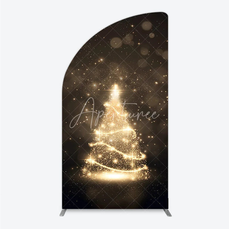 Aperturee - Aperturee Sparkling Golden Glitter Christmas Tree Half Moon Arch Backdrop Elegant Holiday Party Photography Decor
