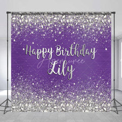 Aperturee - Aperturee Sparkling Purple Silver Glitter Diamond Personalized Happy Birthday Custom Backdrop Elegant Party Decor