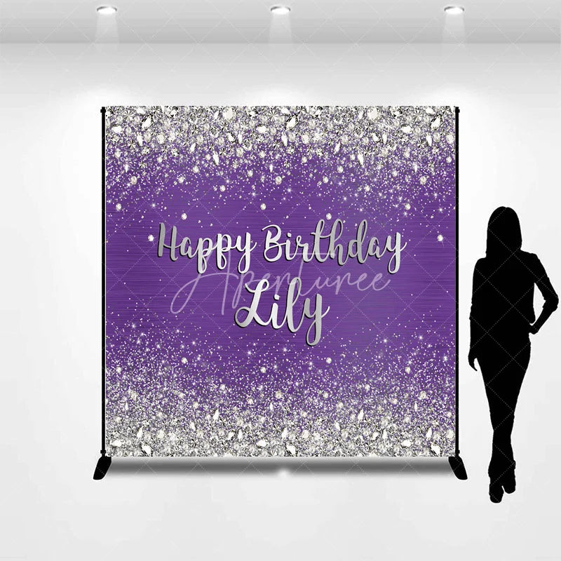 Aperturee - Aperturee Sparkling Purple Silver Glitter Diamond Personalized Happy Birthday Custom Backdrop Elegant Party Decor