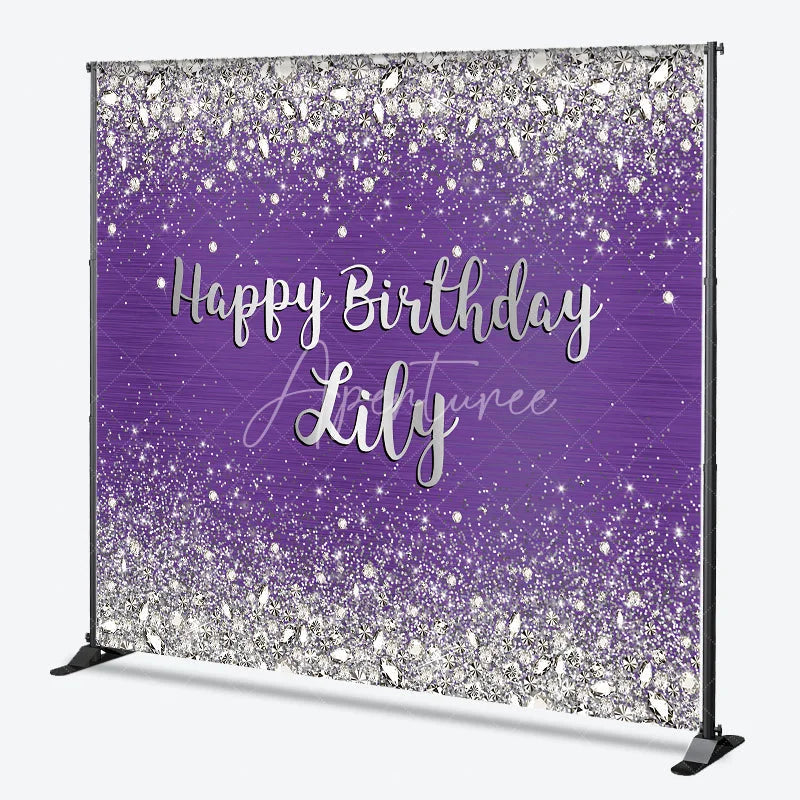 Aperturee - Aperturee Sparkling Purple Silver Glitter Diamond Personalized Happy Birthday Custom Backdrop Elegant Party Decor