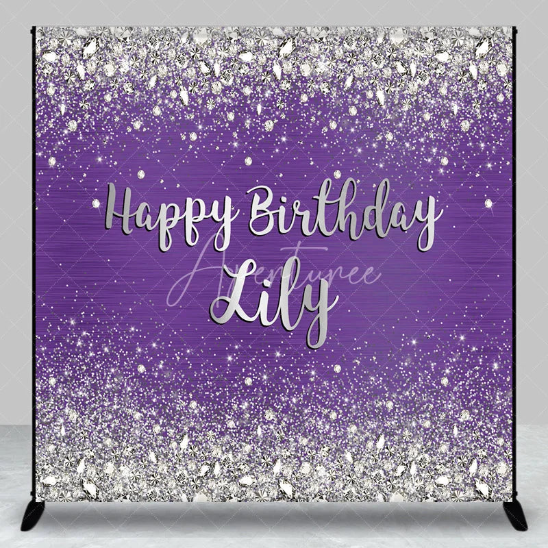 Aperturee - Aperturee Sparkling Purple Silver Glitter Diamond Personalized Happy Birthday Custom Backdrop Elegant Party Decor