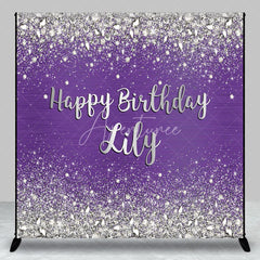 Aperturee - Aperturee Sparkling Purple Silver Glitter Diamond Personalized Happy Birthday Custom Backdrop Elegant Party Decor