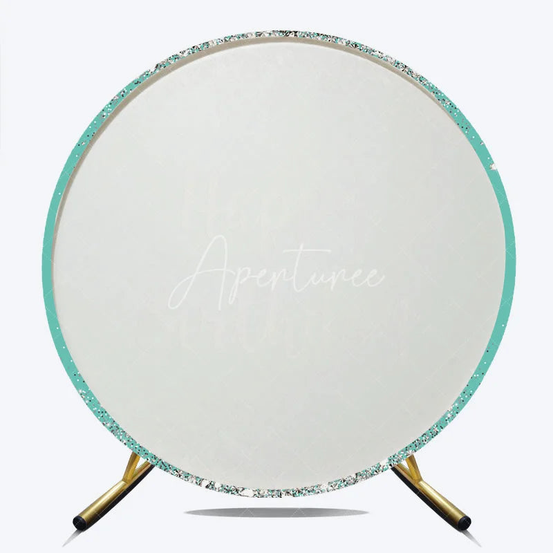 Aperturee - Aperturee Sparkling Teal and Silver Glitter Happy Birthday Round Backdrop Elegant Diamond Party Decoration for Celebrations