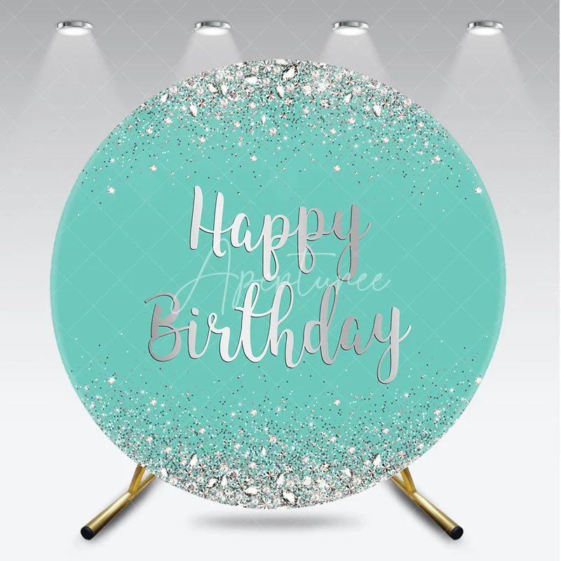 Aperturee - Aperturee Sparkling Teal and Silver Glitter Happy Birthday Round Backdrop Elegant Diamond Party Decoration for Celebrations