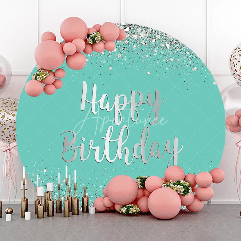 Aperturee - Aperturee Sparkling Teal and Silver Glitter Happy Birthday Round Backdrop Elegant Diamond Party Decoration for Celebrations