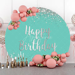 Aperturee - Aperturee Sparkling Teal and Silver Glitter Happy Birthday Round Backdrop Elegant Diamond Party Decoration for Celebrations
