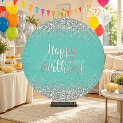 Aperturee - Aperturee Sparkling Teal and Silver Glitter Happy Birthday Round Backdrop Elegant Diamond Party Decoration for Celebrations